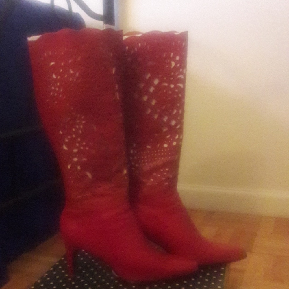 Red leather heeled boots